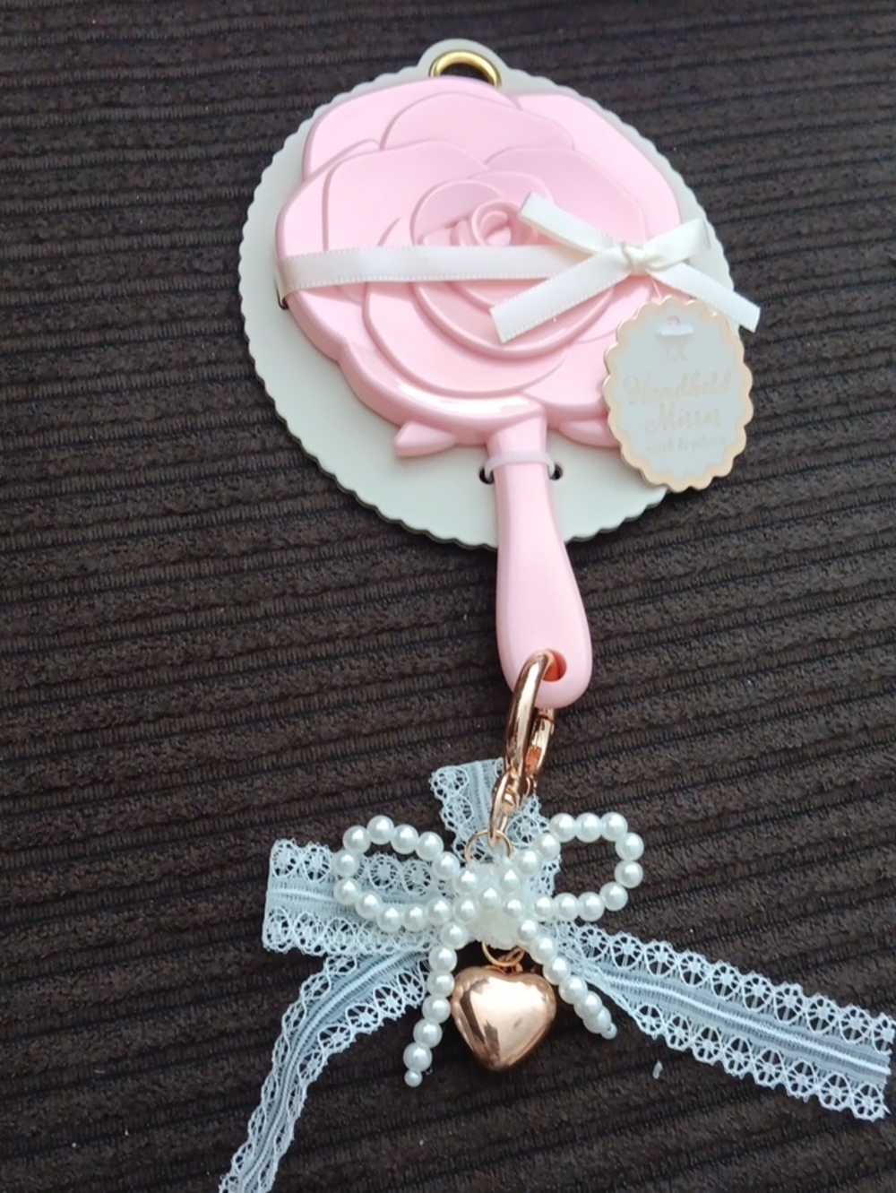 Pink Rose Hand Mirror Keychain with Pearl Bow Charm